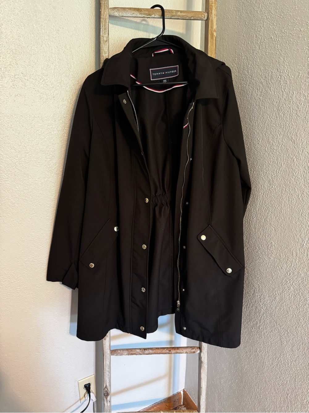 Tommy Hilfiger Black Women's Trench Coat with Snap & Zip Front